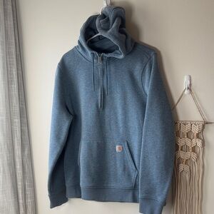 EUC Men’s Carhartt Heather Light Blue 1/2 Zip Pullover Hoodie Relaxed XL 16-18